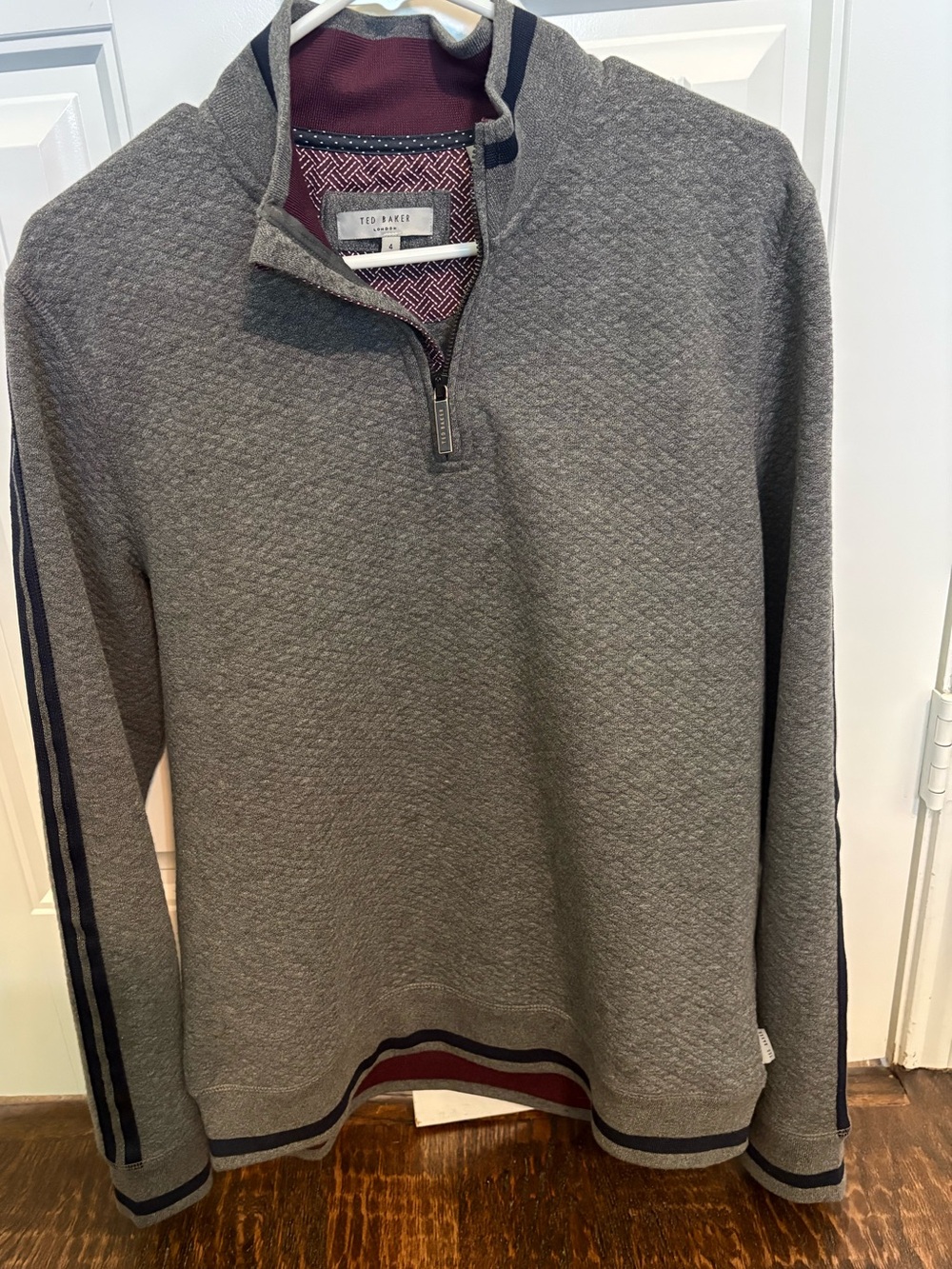 Ted Baker Gray Quilted Half-Zip Sweater with Navy & Burgundy Trim